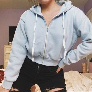 Baby Blue Cropped Zip Up Hoodie